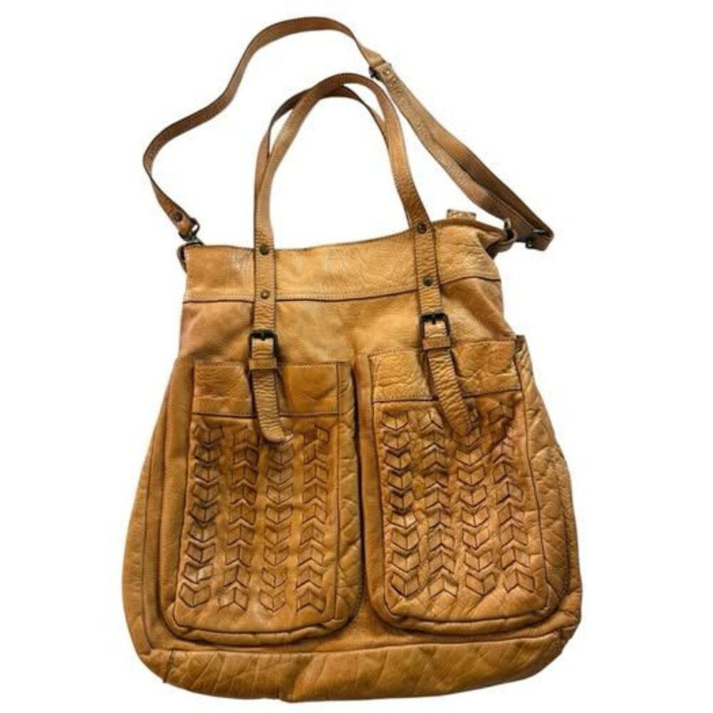 Handmade Italian Leather Large Tote Bag Woven Pelle Bovina Tan Camel Crossbody